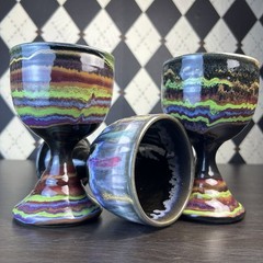 Signed D. Lesser Studio Pottery Goblets, Stoneware Set of 3, 6 Inches Tie & Dye