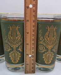 Vtg Jeanette Glass Co. Highball Glasses Laurel & Lyre Green & Gold Set Of 4 MCM