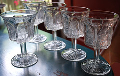 Antique Set 5 PANELLED THISTLE Water Goblets HIGBEE Clear Pressed Glass c1915
