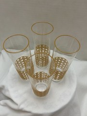 Rare Set of 4 Cane Pattern Woven Rattan Design Tom Collins Glasses Barware