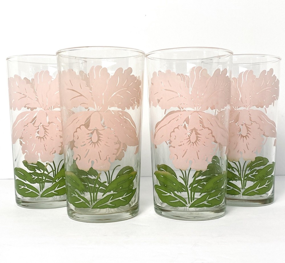 Vintage Swanky Swig Glass Tumbler Pink Green Iris Flower MCM 16oz Glasses Set 4