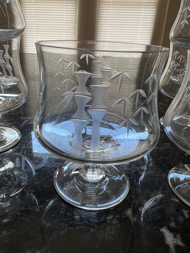 Set of 8 Vintage Etched Bamboo Cordial / Liqueur Glasses – Flared Bowl MCM