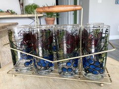 Vintage Set 8 MCM Glasses Caddy Carrier rose grapes wine bar drinking Naples