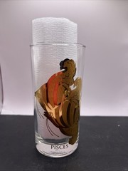 Vtg MCM Pisces Zodiac Glass Heavy Gold Highball Barware Anchor Hocking
