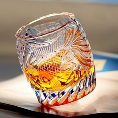 Rock Whisky Glass Hand Carved Vivid Gold Fish Pattern Edo Kiriko Glass 270ml/9oz