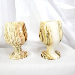 2 Hand-Carved Marble Onyx Cups Wine Goblets 4 Inches Tall DAMAGED
