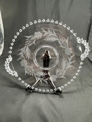 Vintage Candlewick Clear Glass Flower Etched Serving Tray Plate with Handles 10″