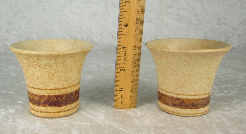 2 Pottery Craft Wine Cups Tan Brown Stripe Vintage Mid Century Modern