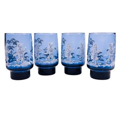 Vintage Libbey Blue Mary Gregory Fishing Kids Set Of 4 Stacking Tumblers