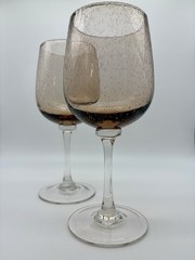 2 Beautiful Amber Tint Two Tone Blown Bubble Glass Jumbo Water Wine Stem Goblet