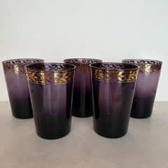 (5) Vintage Amethyst Pier 1 Imports Purple Blown Glass Tumblers Gold Trim