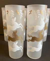 Vintage Libbey Barware Drinking Glasses Cavalcade Horses Stallions Frosted Gold