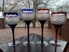 Wine Hocks & Water Goblets Cobalt Blue & Red Cut to clear Crystal Glass Diamond