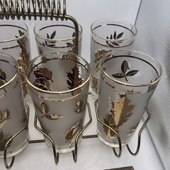 1960’s Libbey Hollywood Regency Highball 8 Glasses + Brass Caddy BEAUTIFUL