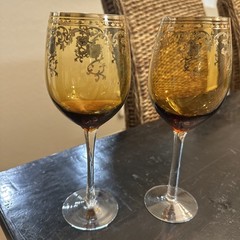 Amber Wine Glasses Cups W/ Golden Ornate Design Hand Blown Lot of Two