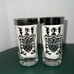 Kimiko Vintage 60s Guardian Shield Silver Crest High Ball Glasses Set Of 2, EUC