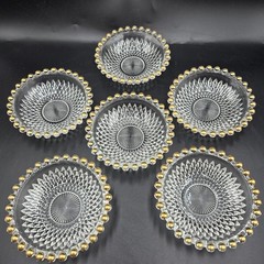 Vtg Depression Era Diamond Point 6 Pc Glass Relish Berry Bowl Beaded Gold Trim