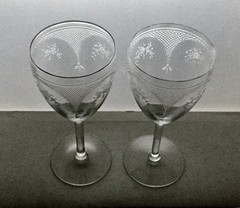 Two Vintage Fostoria Glass VIRGINIA CLEAR Water Goblets, Rose Lattice Etch #267