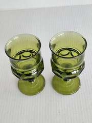 Set/2 Indiana Glass Co King’s Crown Thumbprint Olive Green 5 3/4″ Water Goblets