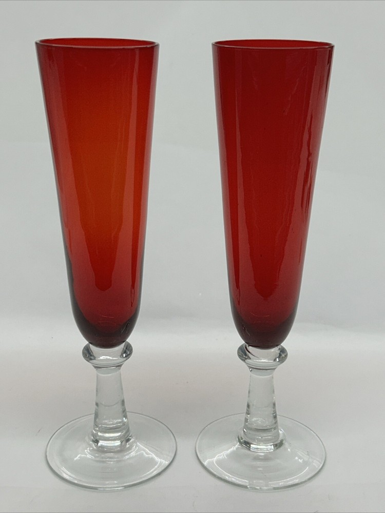 Ruby Red 9” Champagne Flutes With Clear Stem And Foot Set Of 2