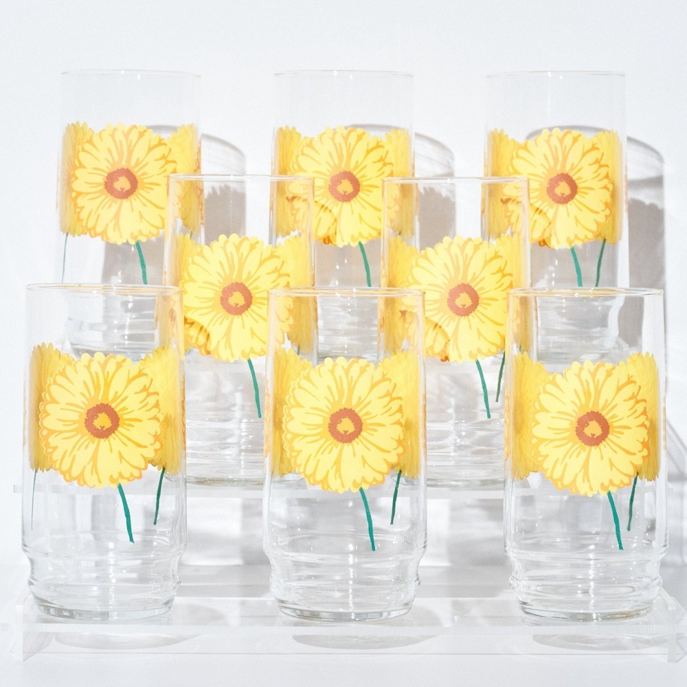 Vintage 1970s Sunflower Retro Glass Summer Drinking Highball Glasses Set of 8