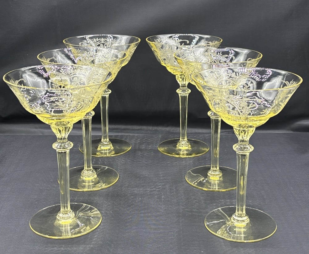 Rare 6 Maryland Glass Co, 1920’s Vaseline Diana & Nymph” Champagne Glasses Glow