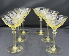 Rare 6 Maryland Glass Co, 1920’s Vaseline Diana & Nymph” Champagne Glasses Glow