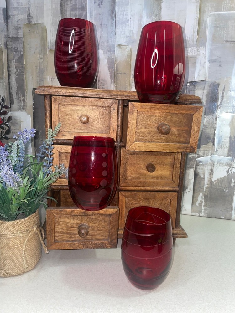 Mikasa Cheers Ruby Red Stemless Etched Wine Glasses Set of 4 Retired