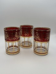 Set of 12 Vintage Glasses, Colorful 1980s Gilded Glassware, Crown Korea. 3.2”