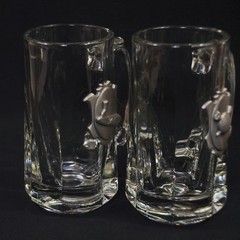 Libbey Clear Glass 2 Mugs Golf Theme Pewter Medallion 12 Ounces 5 7/8″ Tall HTF