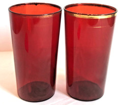 2 Vintage 1930s Ruby Red Glass Drink Tumblers Glasses Barware Gold Band Unmarked