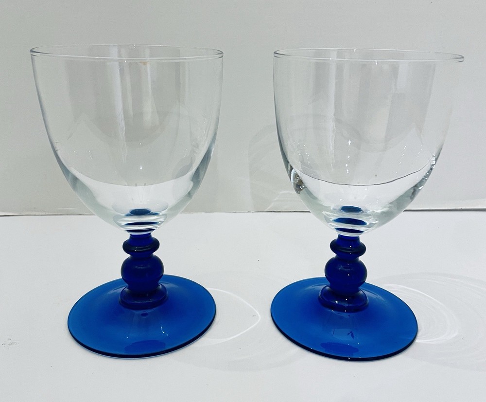 Pair Of Luminarc Crystal Wine Water Goblets Cobalt Blue Stem Base 6″ 12