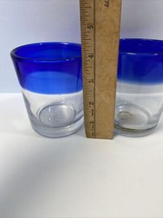 2 Mexican Hand Blown Cobalt Blue Rim Glass Tumbler Rough Pontil Bubble Low Ball