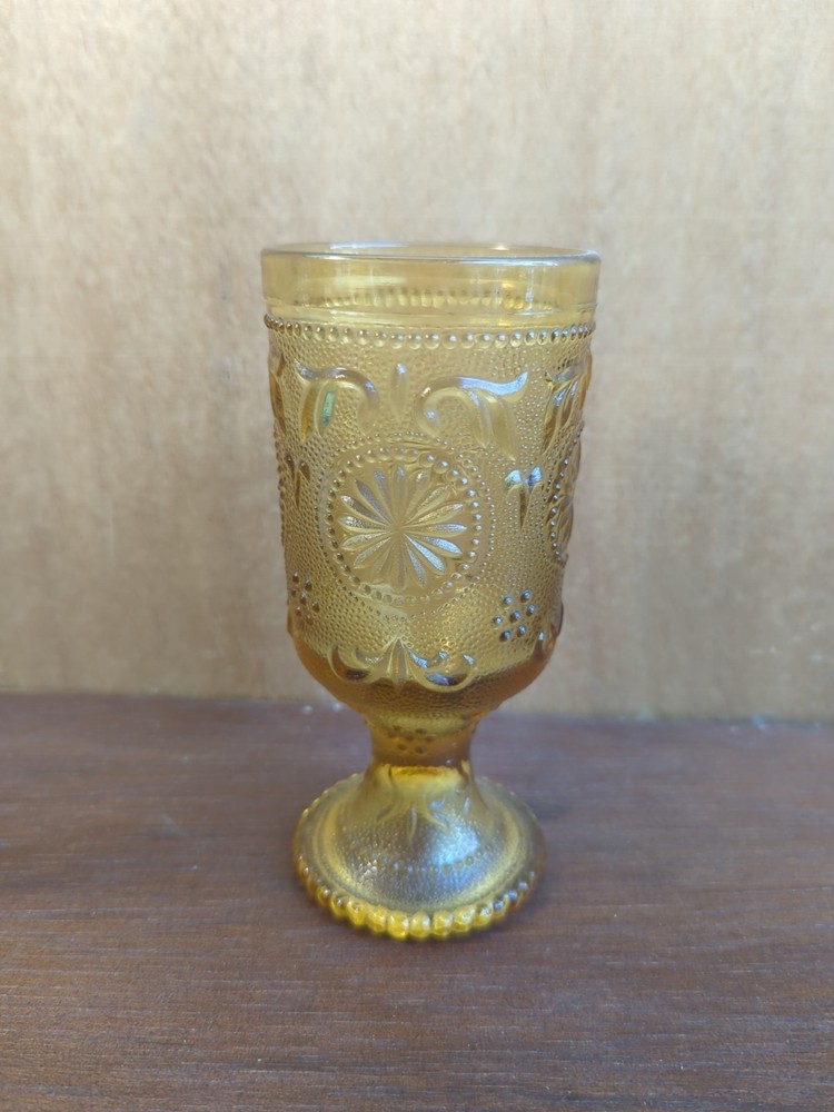Vintage 70’s Retro Indiana Sandwich Glass Tiara Amber Footed Goblet 8oz