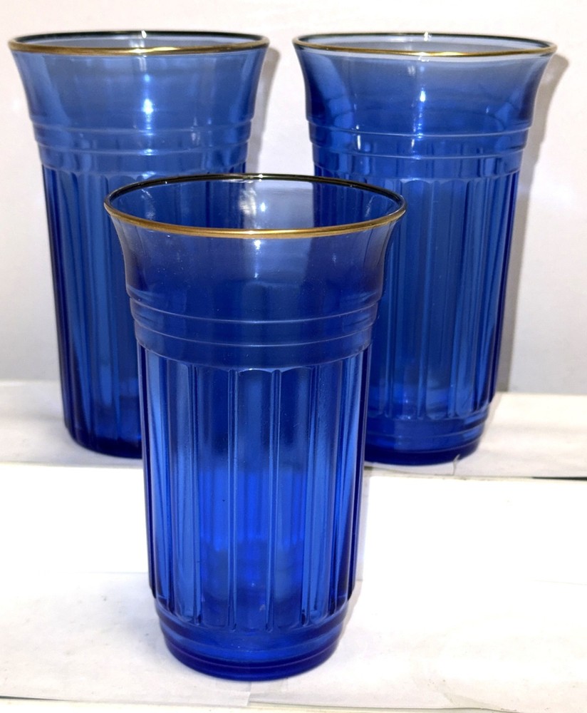 3 Hazel Atlas NEW CENTURY COBALT BLUE W/GOLD 5″ – 10 OZ FLAT TUMBLERS