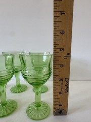 Set of 6 Antique Vaseline Depression Glass Ring Stemware Green Shot Party Rare