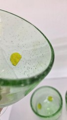 Set Of 3 Green Seeded Bubble Glass Goblets With Lemon Slices & Clear Ball Stem