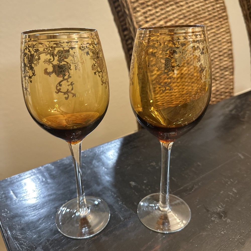 Amber Wine Glasses Cups W/ Golden Ornate Design Hand Blown Lot of Two