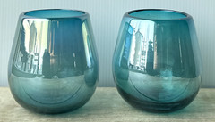 Handblown Stemless Wine Glass Pair 4″/10cm Tall Blue Teal Aquamarine