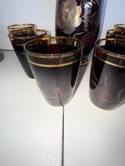 Vintage Bohemian Beautiful Red Amber Gold Barware Set Pitcher & Glasses