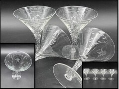 Set of 4 Antique Elegant Hand Blown & Cut Crystal Champagne Glasses Goblet Stems