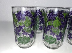 Set Of 8 Libbey Glasses Vintage Tumblers Purple Violet Flowers Green Leaves – 5″