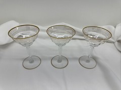 3 Vintage Hollywood Regency Optic Glass Gold Band Stripes Cocktail Glasses