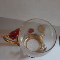 Enamel Glass Mug Rose Butterfly Tea Cup Red Floral Gold Tone with Rhinestones