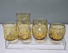 4 Amber Pinch Dimple Thumbprint Seeded Textured Blenko Style Glass Tumblers