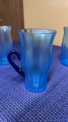 Fenton Celeste Blue Stretch Glass Pitcher and six glasses Cobalt Handles HTF