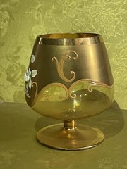 Bohemian Glass Brandy Snifter Hand Painted Enameled Flowers Gilt Gold