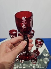 (5) WINE glasses Goblets 5″, bohemian Ruby red flashed & engraved cut to clear