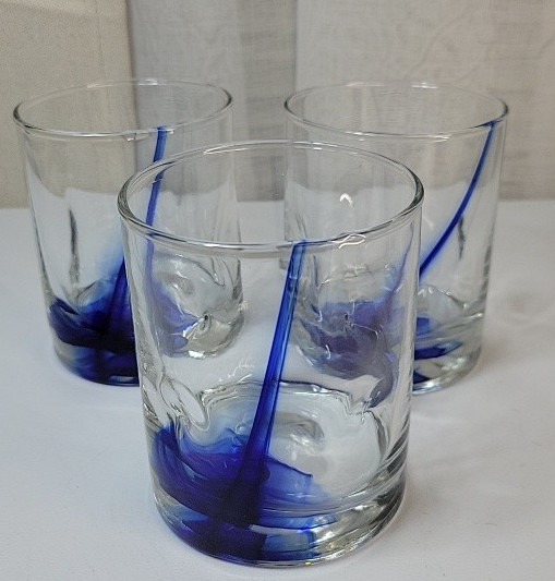 3-Libbey? Cobalt Blue Ribbon & Clear Rocks Glasses 4” Dimpled Finger Grips