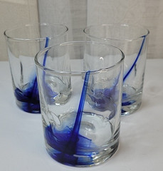 3-Libbey? Cobalt Blue Ribbon & Clear Rocks Glasses 4” Dimpled Finger Grips